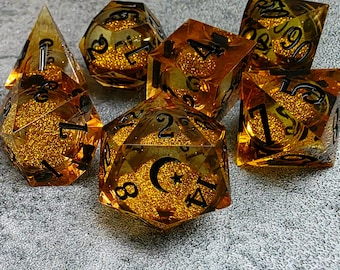 Gold Solar Prism Liquid Core Dice Set: Moon & Star DND Sharp Edge Dice