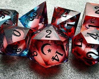 Liquid Core D&D Dice Set: Astral Fusion Blue Red Moon Star Sharp Edge Dice