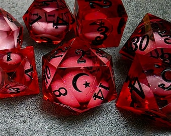 Scarlet Liquid Core DND Dice Set: Moon & Star Sharp Edge Dice