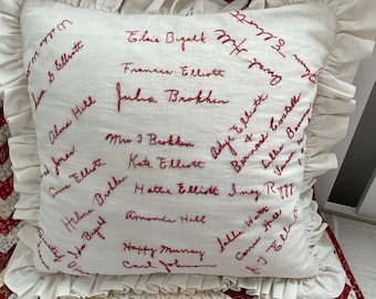 Antique dated 1914 signature hand embroidered pillow-white-red letters-very rare and charming in like new condition