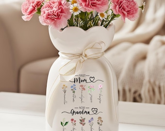 Personalized Mother to Grandma Vase, Custom Name & Family Flowers, Mother’s Day Gift, Family Keepsake, Mom to Grandma Gift