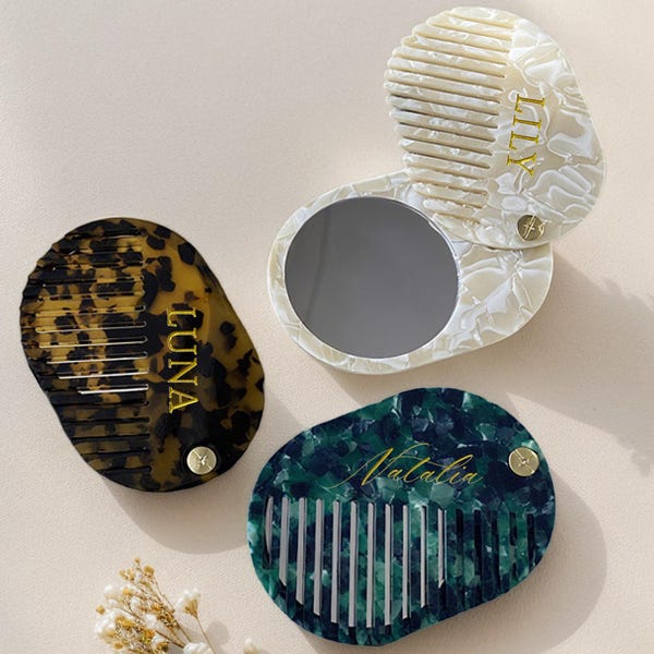Haarkamm mit Spiegel - Personalisierter Haarkamm aus Acetat, Taschenspiegel mit Gravur, Taschenspiegel, Brautjungfer Geschenk, Brautjungfer Geschenk