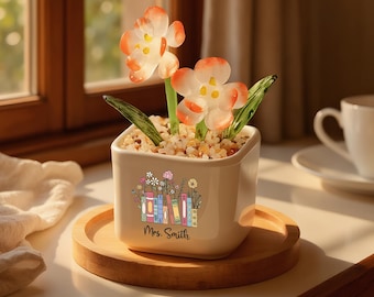 Personalized Book Lover Flower Pot, Custom Faux Glass Flower Planter, Reading Lover Desk Decor, Unique Bookish Gift for Her