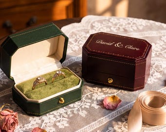 Personalized Octagonal Wedding Ring Box for Two, Custom Couple Names,  Vintage Leather Ring Holder, Engagement and Wedding Keepsake Gift