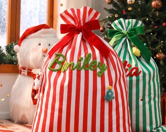 Custom Embroidered Name Gift Bag, Large Striped Christmas Santa Sack, Christmas Eve Bag, Reusable Present Sack for Kids, Holiday Decor