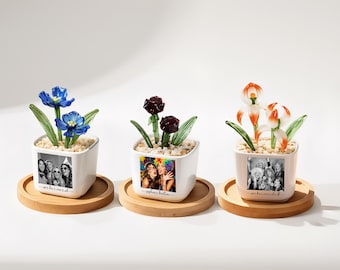 Personlig födelseblomma i glas, blomkruka med eget foto, månatlig födelseblommapresent till bästa vän, brudtärnepresent, födelsedagspresent