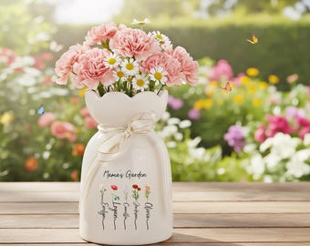 Personalisierte Mom Vase, Benutzerdefinierte Mamas Gartenvase, Geburtsblumengeschenk für Mama, Muttertagsgeschenk von Kindern, Benutzerdefinierte Namensblumenvase