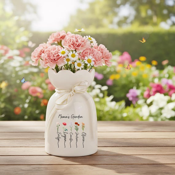 Personalized Mom Vase, Custom Mama’s Garden Vase, Birth Flower Gift for Mom, Mother’s Day Gift from Kids, Custom Name Flower Vase