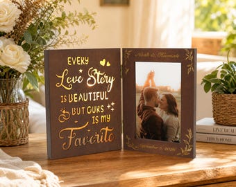 Personalized Engraved Wooden LED Photo Frame, Love Story Gift for Couples, Custom Anniversary Gift,Boyfriend Girlfriend Gift,4x6 Photo Frame