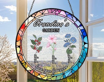 Custom Grandma's Garden Gift For Grandma, Grandma Gift, Mother's Day Gift For Grandma, Nana Month Birth Flower Stained Glass Suncatcher