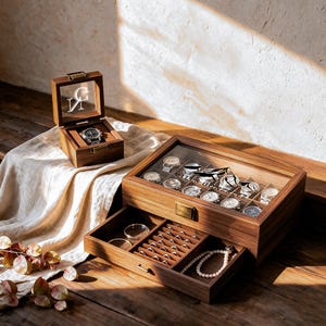 May include: A dark wood watch box with a glass lid featuring the text MILES GONZALEZ, containing multiple watches, and a pull-out drawer with ring slots and a pearl necklace. A smaller matching single watch box with the initials CN is nearby.