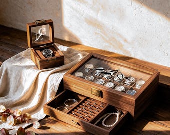 Personalized Wooden Watch Box with Drawer, Custom Name or Logo Watch Organizer for Men, Birthday & Anniversary Gifts for Dad, Husband, Son