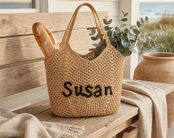 Boho Crochet Woven Beach Tote Bag, Custom Hand Embroidered Name Shoulder Purse, Neutral Straw Market Bag, Bohemian Summer Accessory