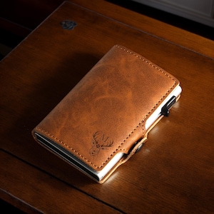 Porte-cartes personnalisé gravé au laser, Portefeuille fin personnalisé, Porte-cartes en alliage personnalisé à poussoir latéral, Cuir de qualité supérieure et aluminium