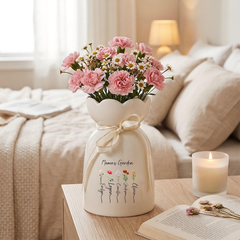 May include: A cream-colored vase with a scalloped top, tied with a gold ribbon, holds pink carnations and white daisies. The vase is inscribed with "Mama's Garden" and names. A lit candle and open book are nearby.