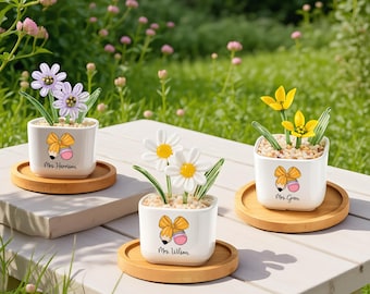 Personalized Teacher Flower Pot, Custom Pencil Bow Planter, Faux Glass Flower Desk Decor, Teacher Appreciation Gift for Women