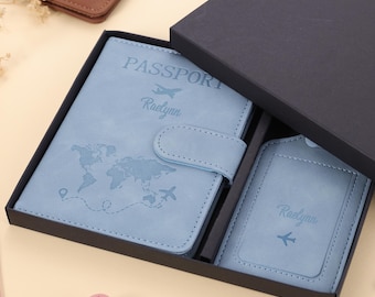 Gepersonaliseerde paspoorthoes, aangepast bagagelabel, aangepaste leren RFID-paspoortetui, magnetische reiscadeau paspoorthoes portemonnee