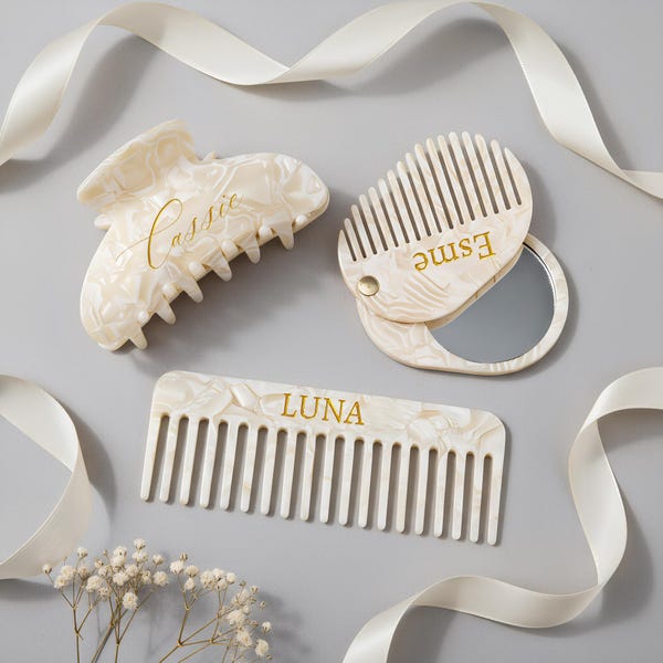 Wedding Bridesmaids Gift, Custom Hair Comb, Custom Initial Acetate Hair Clip, Marble Hair Comb, Pocket Hair Comb,Bridal Gift,Engraved Mirror