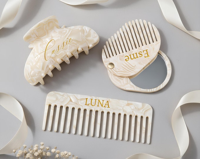 Wedding Bridesmaids Gift, Custom Hair Comb, Custom Initial Acetate Hair Clip, Marble Hair Comb, Pocket Hair Comb,Bridal Gift,Engraved Mirror