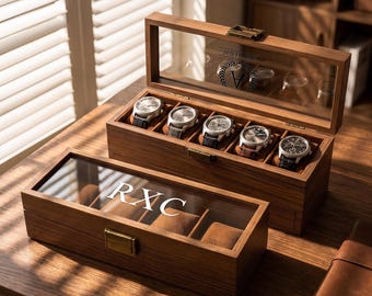 6/8/12 Slots Personalized Solid Walnut Watch Box with Drawer, Custom Initials Watch Organizer, Gifts for Groomsmen, Dad, Husband,Anniversary