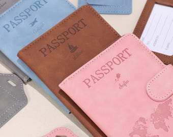 Funda de pasaporte personalizada con etiqueta de equipaje gratis, funda de pasaporte RFID de cuero personalizada, billetera con soporte para pasaporte de regalo de viaje magnético para mujeres