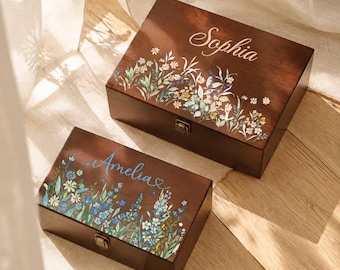 Personalized Wooden Keepsake Box, Custom Name Floral Memory Box, Sentimental Memory Box, Botanical Gift for Her,Wildflower Gift,Time Capsule