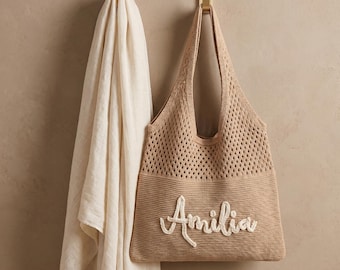 Personalized Crochet Beach Tote Bag, Bridal Party Gift, Custom Embroidered Name Tote,Handmade Knit Summer Bag,Bridesmaid Gift,Boho Beach Bag