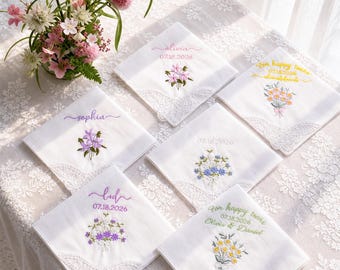 Personalized Embroidered Wedding Flower Handkerchief, Custom Happy Tears Cotton Handkerchief,Thoughtful Daughter to Mother of the Bride Gift