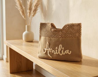 Boho Crochet Beach Tote Bag, Custom Embroidered Name Tote, Bohemian Summer Bag, Cottagecore Market Tote, Coastal Grandma Crochet Tote