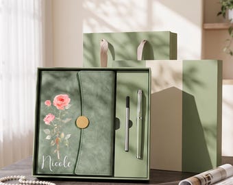 Personalized Birth Flower Journal Gift Set, Custom Name Leather Notebook with Pen, Floral Notebook, Birthday Gift for Her, Keepsake Gift