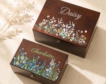 Custom Name Floral Memory Box, Personalized Wooden Keepsake Box, Sentimental Memory Box, Botanical Gift for Her,Wildflower Gift,Time Capsule