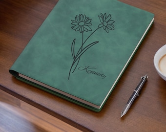 Custom Birth Flower Journal, Custom Name Leather Journal, Personalized A5 Notebook, Engraved Journal, Birthday Gifts, Self Care Journal