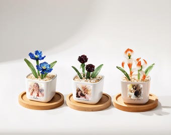 Personalized Photo Glass Flower Planter | Custom Picture Ceramic Pot, Hand Blown Glass Flower Keepsake Gift, Custom Family Photo Gift