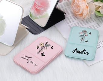 Bridesmaid Gift, Personalized Makeup Mirror, Custom Pocket Mirror with Name Flower Butterfly, Folding Makeup Mirror - Black,White,Pink,Blue