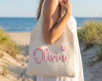Monogrammed Crochet Tote, Personalized Embroidered Beach Bag, Handmade Knit Summer Bag, Bridesmaid Proposal Gift, Summer Vacation Gift