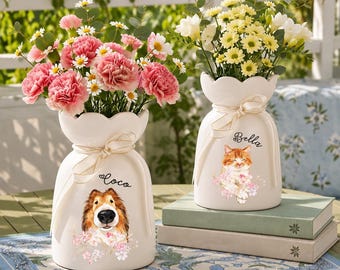Personalized Pet Watercolor Vase, Custom Dog or Cat Photo Portrait, Ceramic Flower Vase, Pet Lover Gift, Memorial Keepsake, Gift for Her