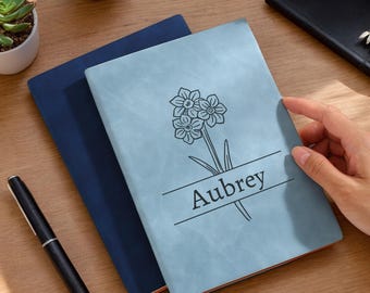 Custom Birth Flower Journal, Personalized Name Leather Notebook Birth Flower Birthday Gift Prayer Journal Self Care Journal Wellness Journal
