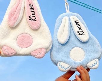 Personalized Embroidered Hanging Bunny Hand Towel, Custom Name Coral Fleece Kids Bathroom Towel, Baby Shower Gift, Cute Animal Gift for Kids