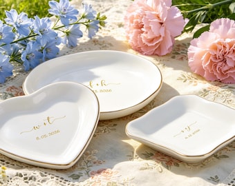 Personalized Initial Engraved Ring Dish, Gold Rimmed Ceramic Jewelry Tray, Wedding Favor, Engagement Gift, Bridal Shower&Baptism,Anniversary