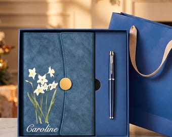 Personalized Leather Journal with Pen, Custom Name Floral Notebook, Birth Flower Gift for Her, Bridesmaid Gift, Birthday Gift for Women