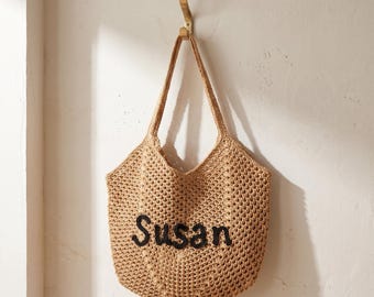 Boho Crochet Woven Beach Tote Bag, Custom Hand Embroidered Name Shoulder Purse, Neutral Straw Market Bag, Bohemian Summer Accessory