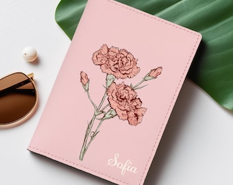 Birth Flower Passport Cover, Personalized Leather Passport Holder, Bridesmaid Gifts, Mother's Day Gift for Women, Travel Wallet for Women