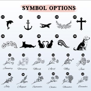 Op de afbeelding: Afbeelding met verschillende symboolopties, waaronder een dolfijn, anker, vliegtuig, bloemmotieven en een kruis. Bevat ook illustraties van een kat, hond en bloemmotieven die maanden vertegenwoordigen. Tekst luidt "SYMBOL OPTIES".