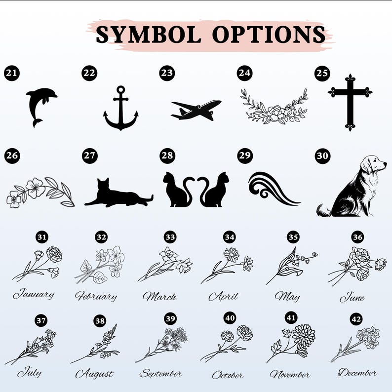 Op de afbeelding: Afbeelding met verschillende symboolopties, waaronder een dolfijn, anker, vliegtuig, bloemmotieven en een kruis. Bevat ook illustraties van een kat, hond en bloemmotieven die maanden vertegenwoordigen. Tekst luidt "SYMBOL OPTIES".