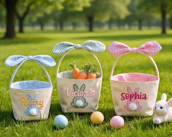 Custom Name Easter Basket, Personalized Bunny Basket for Kids, Easter Egg Hunt Basket, Embroidered Easter Basket, Easter Gift for Girls