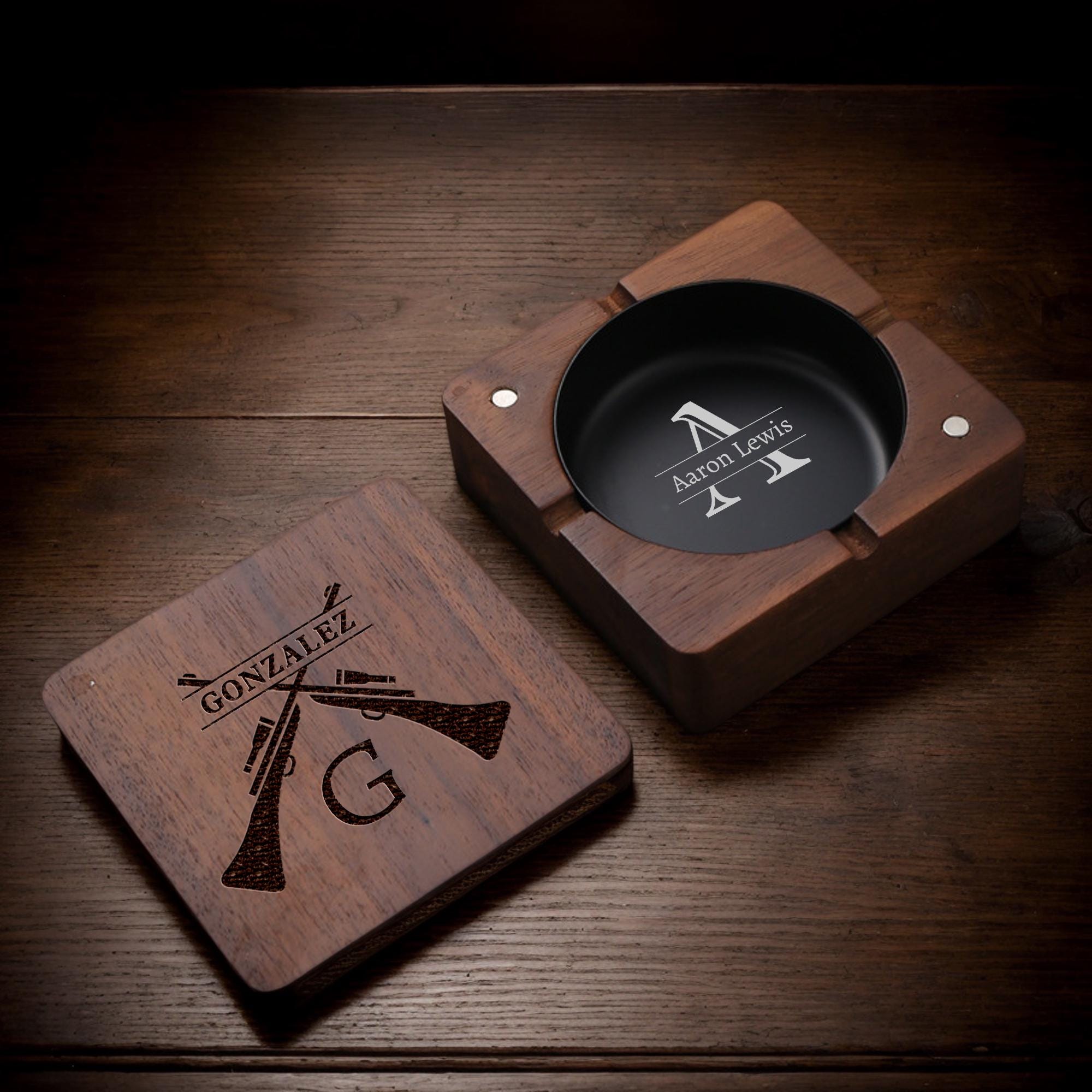 Cendrier Personnalisé Bois De Noyer Pour Extérieur - Cadeau Homme Unique Gravé Laser