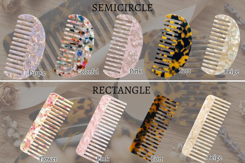 Op de afbeelding: Een verzameling haar kammen in verschillende kleuren en patronen, waaronder paars, kleurrijk, roze, schildpad en beige. De kammen zijn in zowel halve cirkel- als rechthoekvormen, met de tekst "SEMICIRCLE" en "RECTANGLE" erboven.