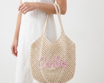 Personalized Name Crochet Straw Tote Bag, Custom Beach Bag, Bridesmaid Gift Tote, Bachelorette Party Favor, Boho Summer Gift Bag for Women