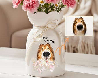 Custom Pet Portrait Flower Vase, Dog or Cat Photo Ceramic Vase, Watercolor Pet Art, Pet Memorial Gift, Dog Mom Gift, Gift for Pet Lovers