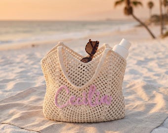 Custom Hand Embroidered Crochet Beach Tote Bag, Summer Vacation Pool Market Bag, Travel Tote for Tropical Getaways, Hawaii Beach Essential